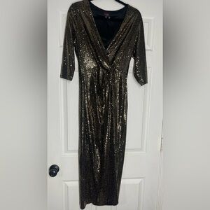 JM studio Gold Sequin Black long Dress with Mid Sleeve Size 10P